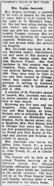 Newspaper obituary of Mrs. Sophia Jacowski, Stevens Point Journal, May 6, 1933